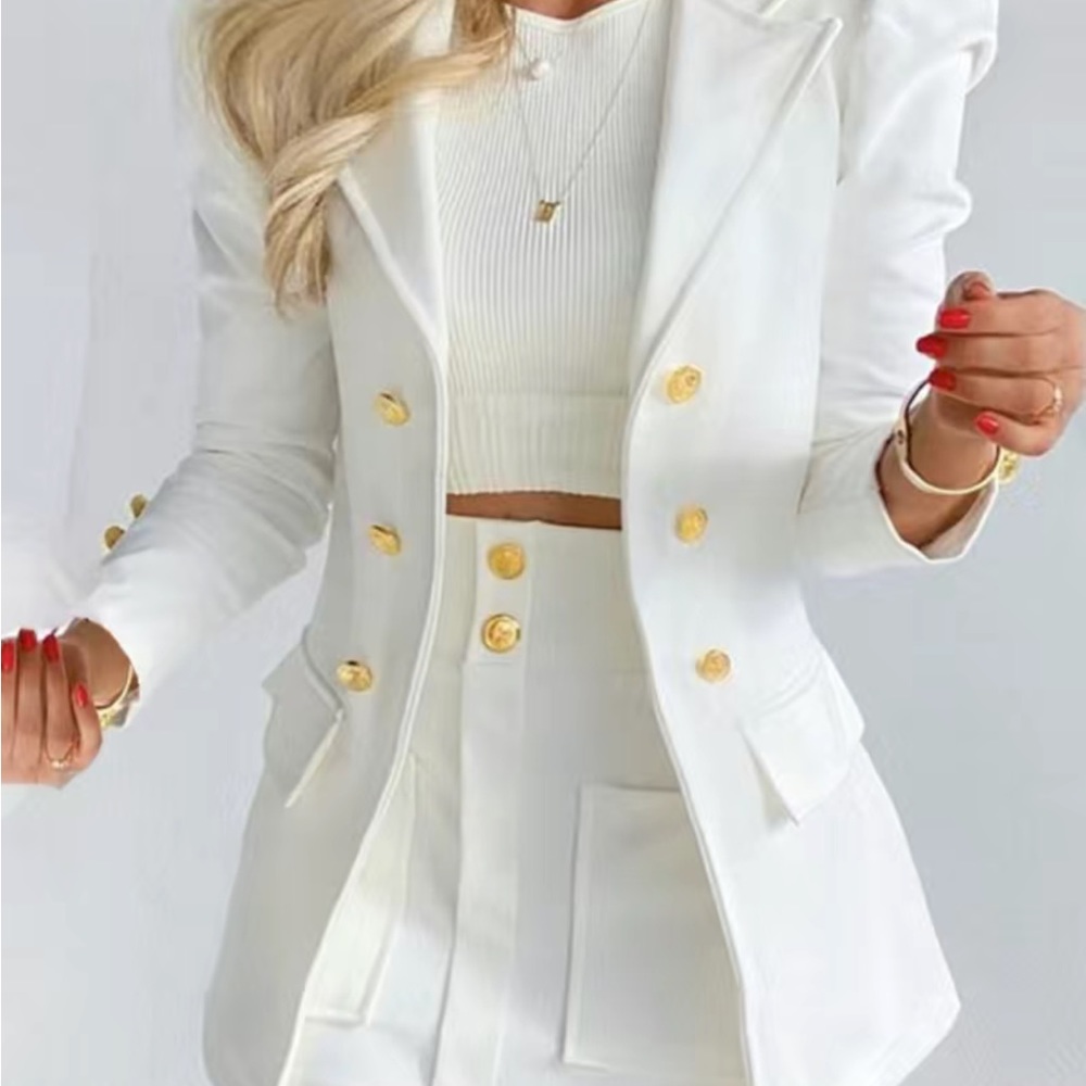 Women Solid Long Sleeve Blazer & Mini Skirt